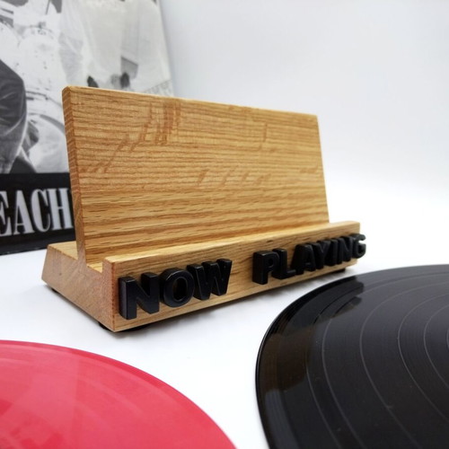 Wooden 'NOW PLAYING' vinyl record stand, handmade oak