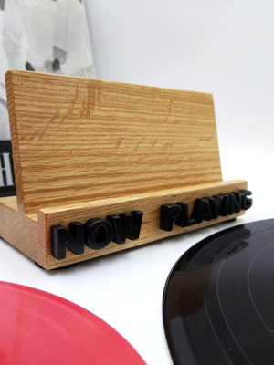 Wooden 'NOW PLAYING' vinyl record stand, handmade oak