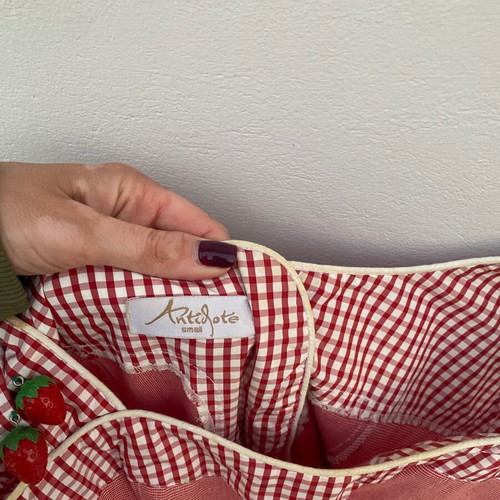 Dress small red used with checkered pattern and strawberries