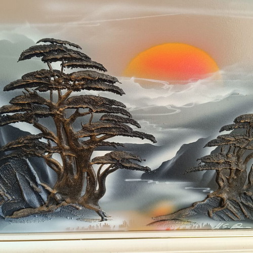 Embossed decorative painting used, 36×46 cm, sunset landscape