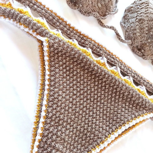 Handmade knitted swimsuit new, brown with yellow and white details, small