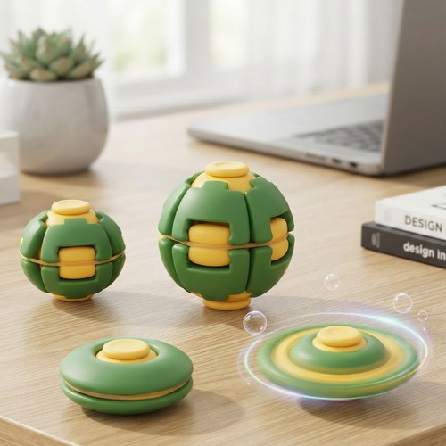 Fidget toy set with spinners and 3D puzzles, green and yellow