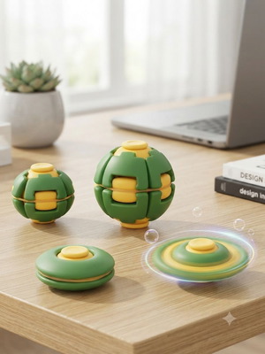 Fidget toy set with spinners and 3D puzzles, green and yellow