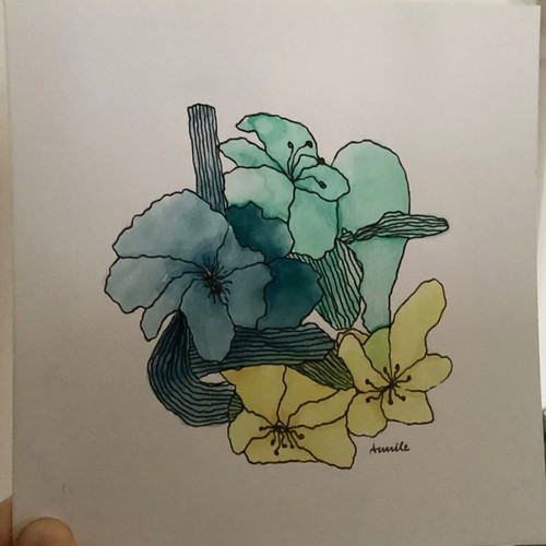 Abstract hand-painted flowers new, watercolor and colored pencils
