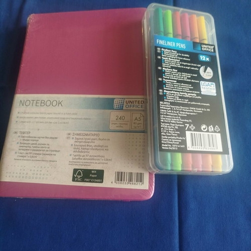Large pink notebook and United Office fineliner pen set new