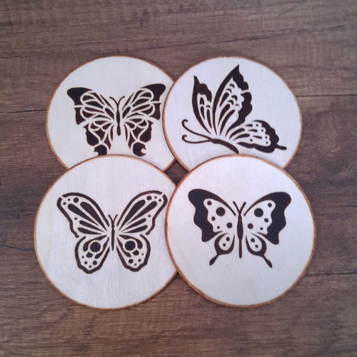 Handmade coasters set of 4 with pyrography butterflies, new