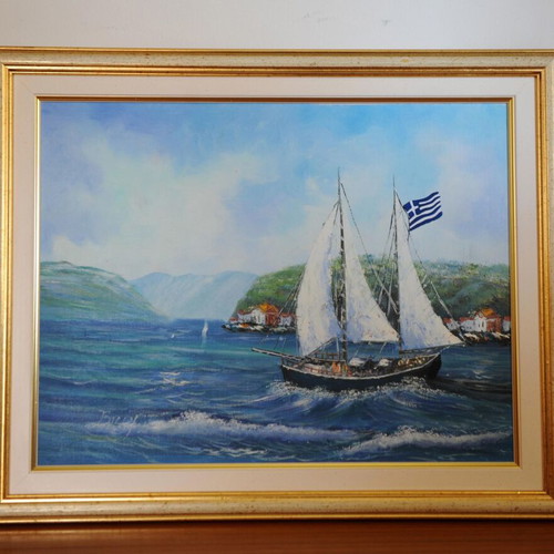 Oil painting on canvas signed, like new, nautical theme with frame