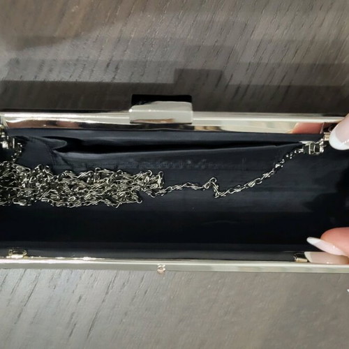 Clutch bag black satin with silver chain like new