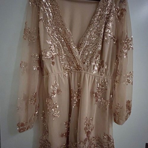 Women's beige jumpsuit like new with pink gold details and sheer sleeves