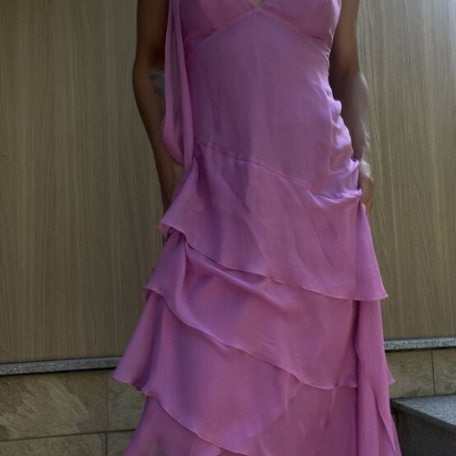 Roberto Verino Y2K silk asymmetric tiered halter dress used, lilac pink