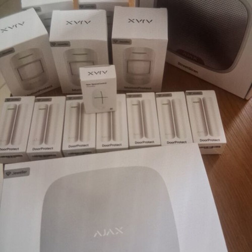 Ajax Hub 2 alarm system with siren, door protect sensors, motion detectors, remote control