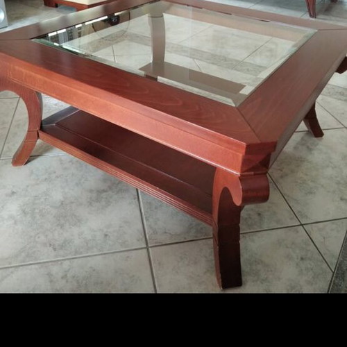 Square coffee table with glass like new, cherry finish