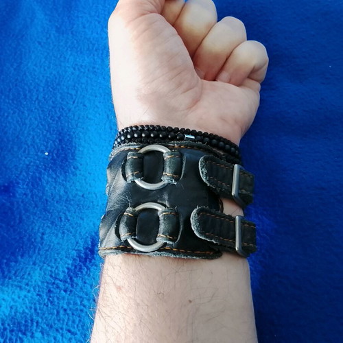 Leather men's bracelet used, brown, Raw double detail style