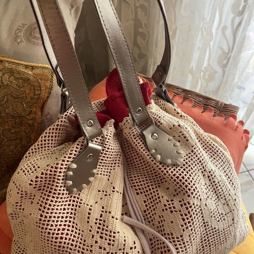 Handmade bag with leather handles, new, white and beige