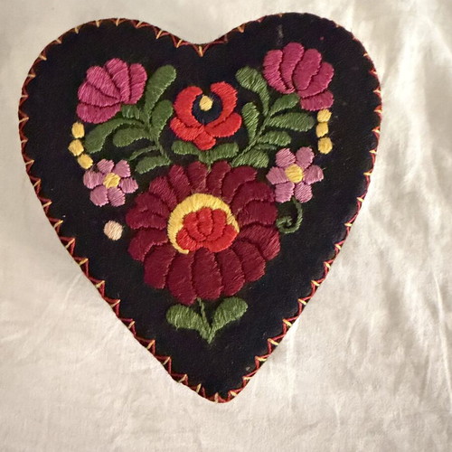 Vintage embroidered heart box used, handmade