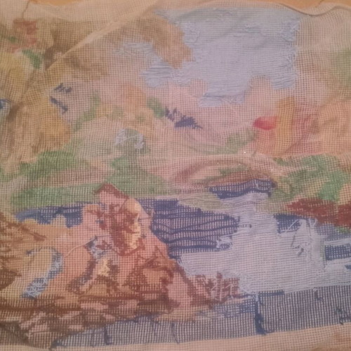 Embroidery on canvas used with castle and river
