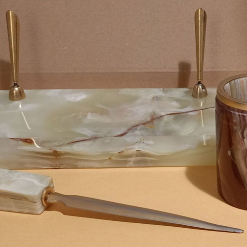 Onyx office set with brass used, including letter opener, holder and pen stand
