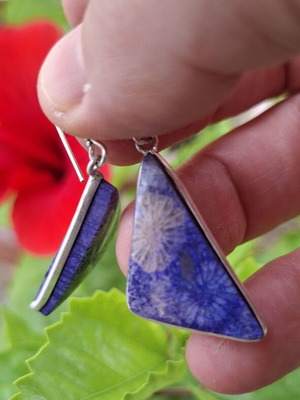 Fossilized Coral Earrings with Blue Shades, Handmade 925 Silver Plated