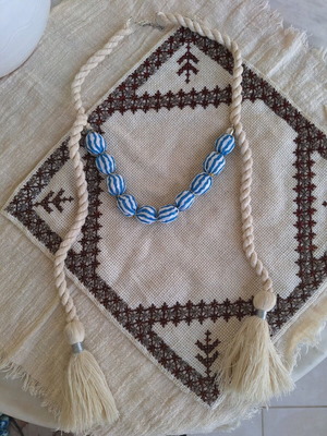 Long fabric necklace with rope and tassels made to order, white and blue