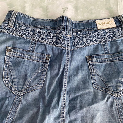 Y2k denim skirt used, knee-length, Sarah Lawrence, blue turquoise