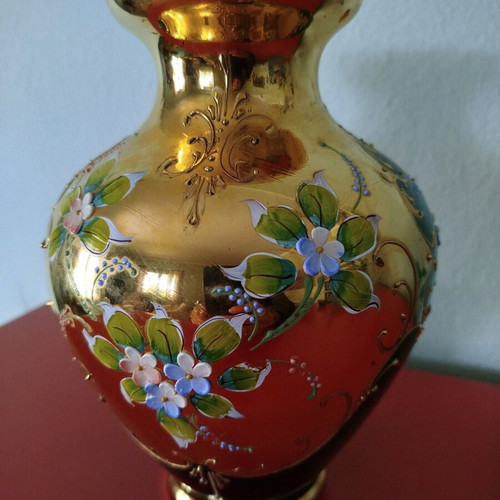 Murano vase emerald green with 24k gold leaf overlay like new