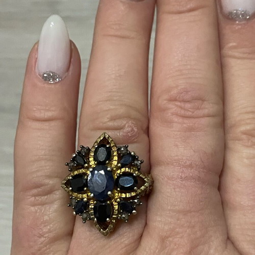 Gold ring 9k and silver 925 with sapphires and diamonds vintage used