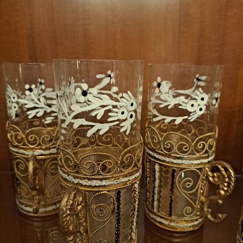 Collectible hand-painted glasses set of 9 new with gilded bases