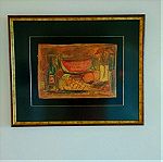  Ακουαρέλα σε χαρτόνι από τον ζωγράφο Αντωνιάδη Γιάννη. Νεκρή φύση, Σεπτέμβριος 2002. Διαστάσεις κορνίζας, 61x50 εκατοστά