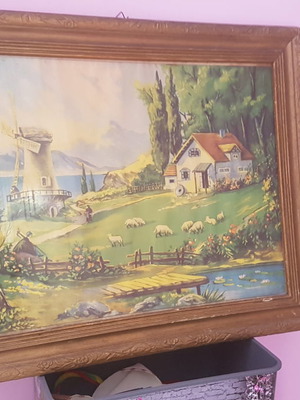 Antique painting used, 1940s with shepherd and sheep