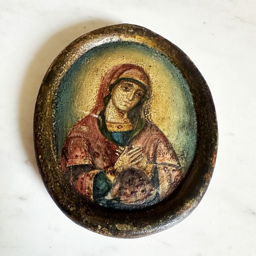 Antique Russian Orthodox Virgin Mary icon in handmade wedding frame, 1890s