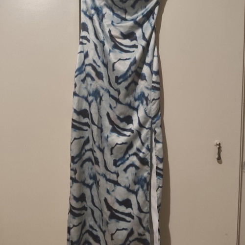 Bershka long strapless satin dress, white and blue