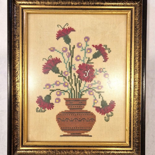 Vintage handmade embroidery with flowers in wooden frame 22x18 cm like new