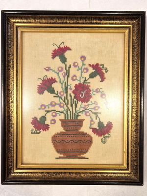 Vintage handmade embroidery with flowers in wooden frame 22x18 cm like new
