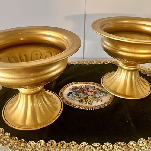 Vintage gold metal vases/caspo and flowerpots elegant pair 16cm
