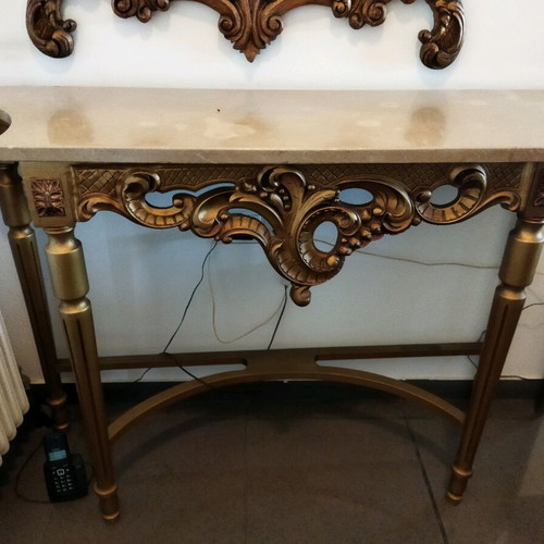 Console with gilded wood and marble like new