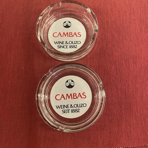 Cambas ashtrays like new, vintage Greek wine advertising set of 2