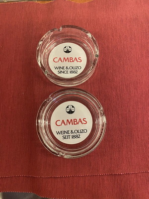 Cambas ashtrays like new, vintage Greek wine advertising set of 2
