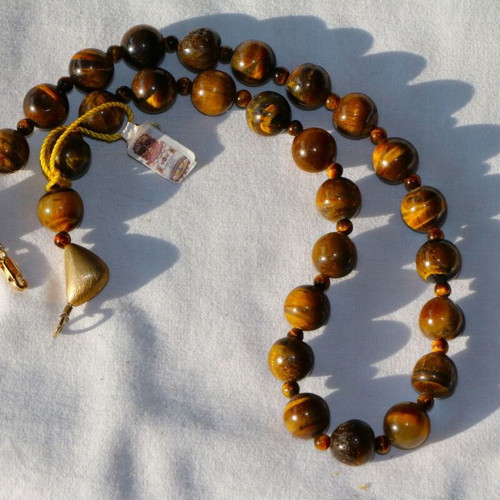 Gold Tiger Eye Necklace 14K 585 New with Safety Clasp