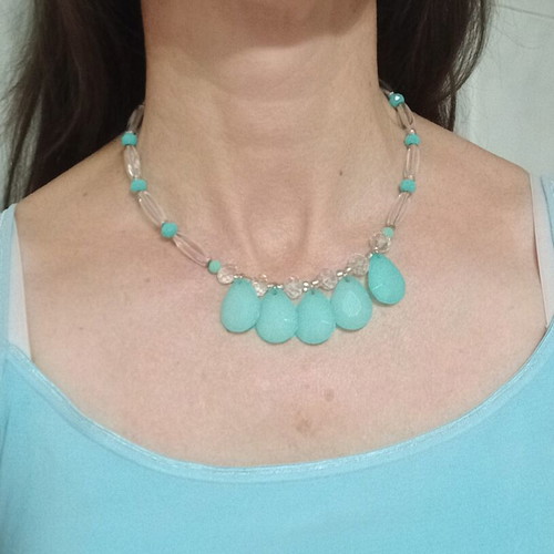 Handmade necklace with turquoise glass beads and acrylic drops
