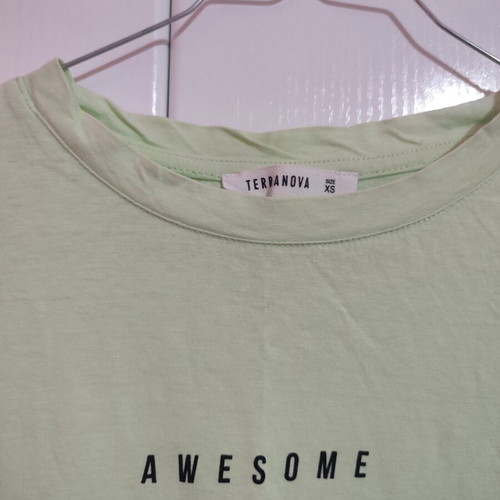 Terranova blouse XS used, light green with "AWESOME" print