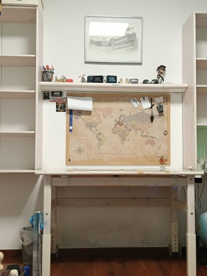 White bookshelf with lift-up desk used