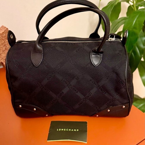 Longchamp all black handbag like new with jacquard monogram and leather details