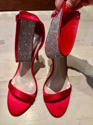Red satin sandals with crystals like new, size 40