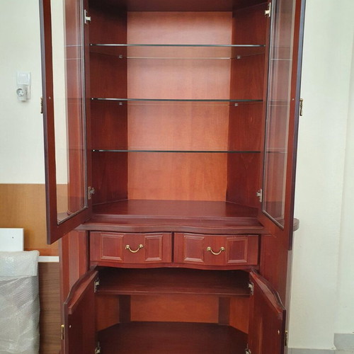 Handmade showcase cabinet with glass shelves, beech veneer MDF