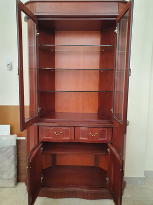 Handmade showcase cabinet with glass shelves, beech veneer MDF