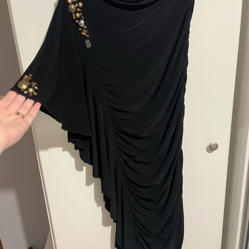 Black evening dress with draped design and metal details like new