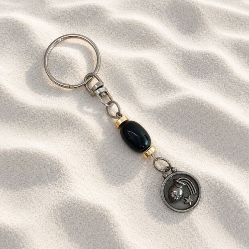 Aquarius Metal Keychain with Obsidian and Hematite Stones new