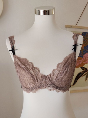 Unpadded Underwired Sexy Lace Bra with Cute Bows New, Gray Lilac