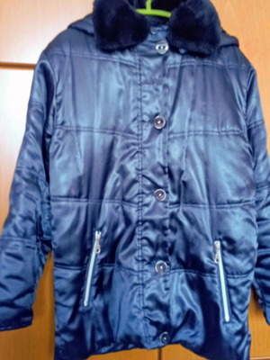 Girls' jacket satin fabric with detachable fur collar like new, blue, size 152 cm