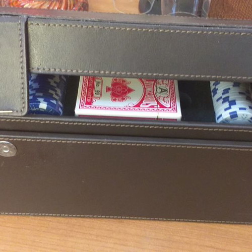 Leather bottle holder new with playing cards, dice and chips